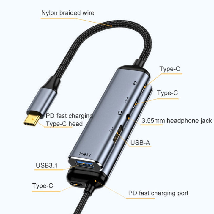 Lisslune | Y003 5 in 1 USB-C/Type-C to USB3.1+USB2.0+Dual USB-C/Type-C+3.5mm Audio Interface Multifunction Adapter