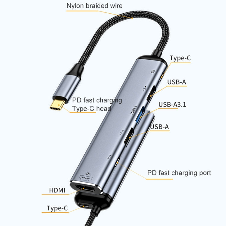 Lisslune | Y004 6 in 1 USB-C/Type-C to HDMI+USB 3.1+Dual USB 2.0+Dual USB-C/Type-C Interface Multi-functional Adapter