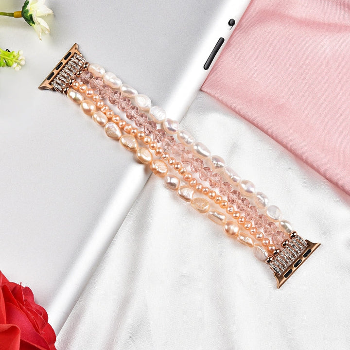 Lisslune | For Apple Watch 5 & 4 40mm / 3 & 2 & 1 38mm Pearl-Crystal Watch Band (Pearl + pink Crystal)