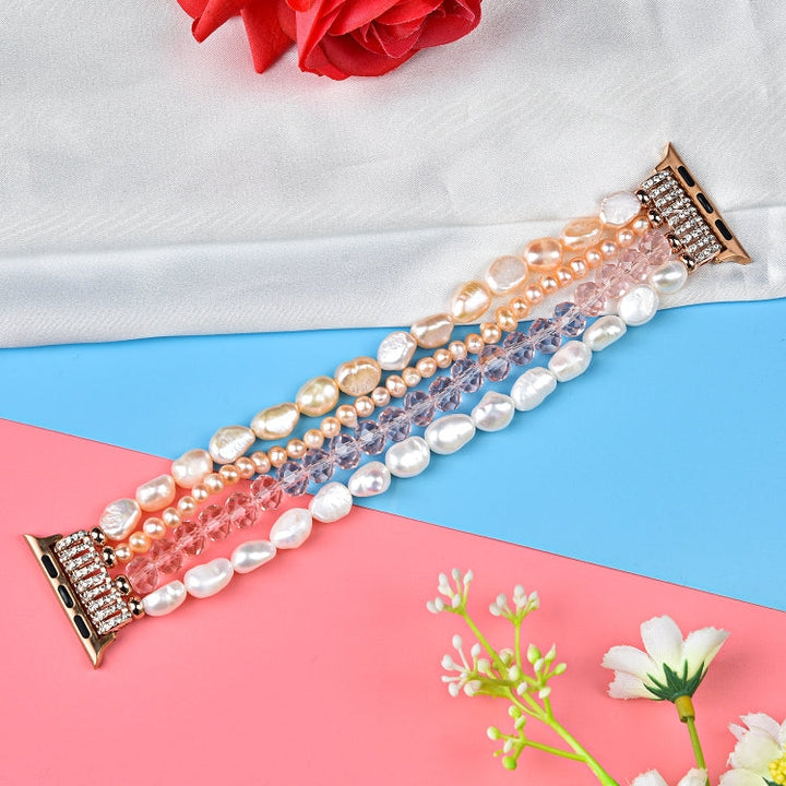Lisslune | For Apple Watch 5 & 4 40mm / 3 & 2 & 1 38mm Pearl-Crystal Watch Band (Pearl + pink Crystal)
