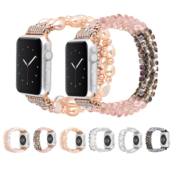 Lisslune | For Apple Watch 5 & 4 40mm / 3 & 2 & 1 38mm Pearl Crystal Watch Band (Pearl + White Crystal)