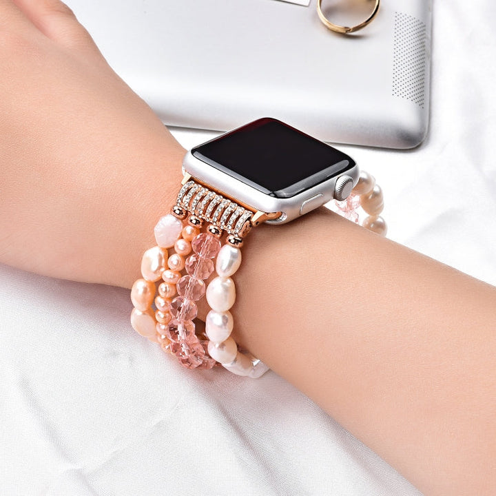 Lisslune | For Apple Watch 5 & 4 44mm / 3 & 2 & 1 42mm Pearl Crystal Bracelet (Pearl + Pink Crystal)
