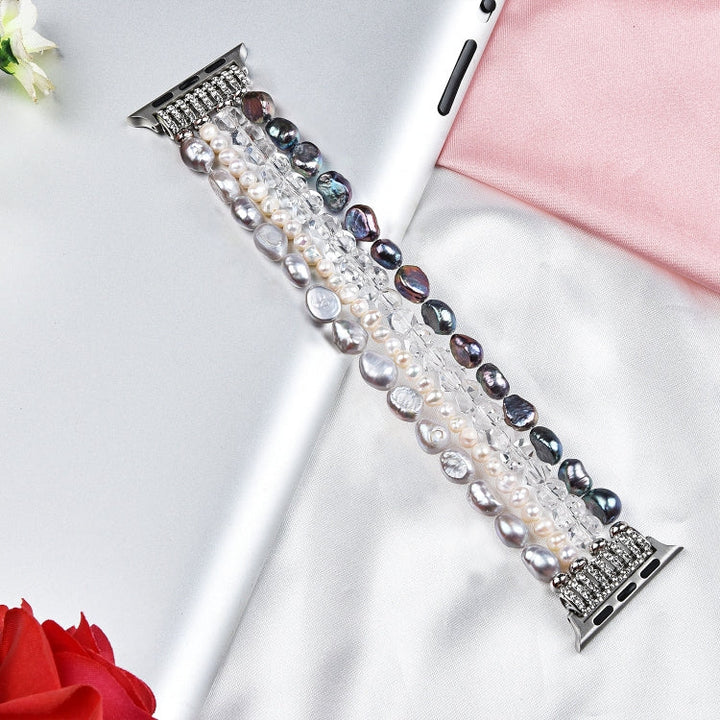Lisslune | For Apple Watch 5 & 4 44mm / 3 & 2 & 1 42mm Pearl crystal watch band (Pearl + white crystal)