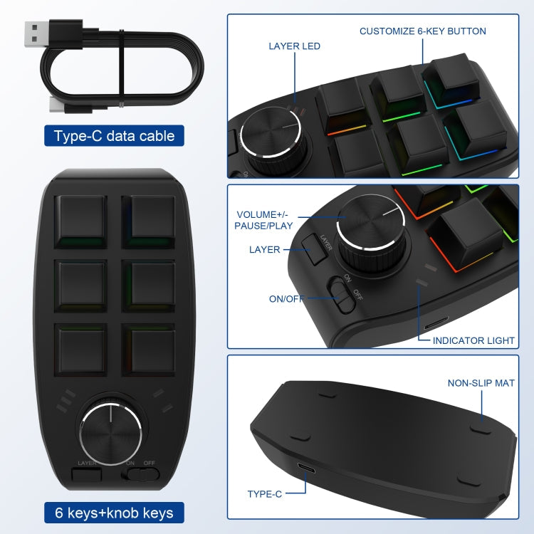 Lisslune | USB Cable RGB Custom Mechanical Keyboard 6 Keys 1 Button Programming Gaming Keypad (Black)