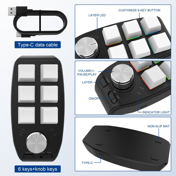 Lisslune | USB Wired RGB Custom Mechanical Keyboard 6 Keys 1 Button Programming Gaming Keypad (White)