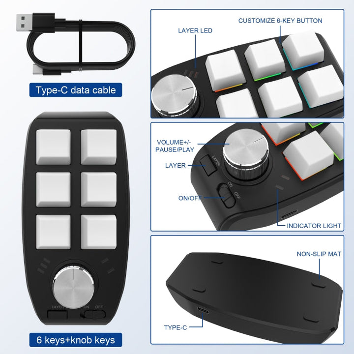 Lisslune | USB Wired RGB Custom Mechanical Keyboard 6 Keys 1 Button Programming Gaming Keypad (White)