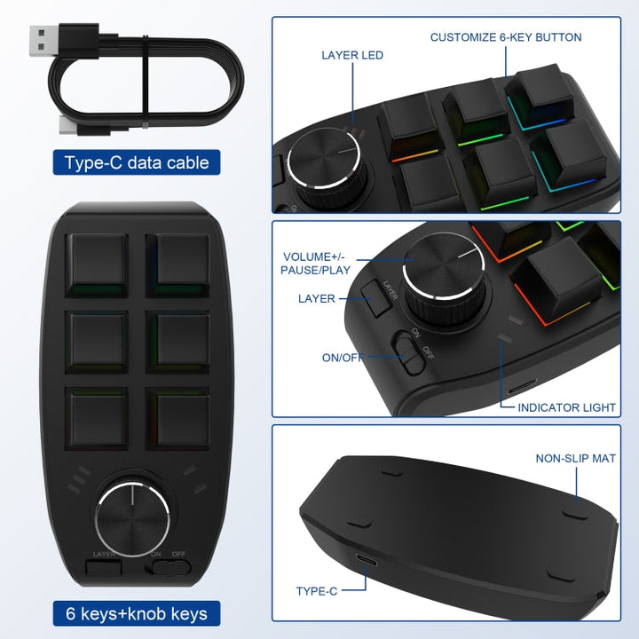Lisslune | Bluetooth Wireless RGB Custom Mechanical KeyBoard 6 Keys 1 Button Programming Gaming Keypad (Black)