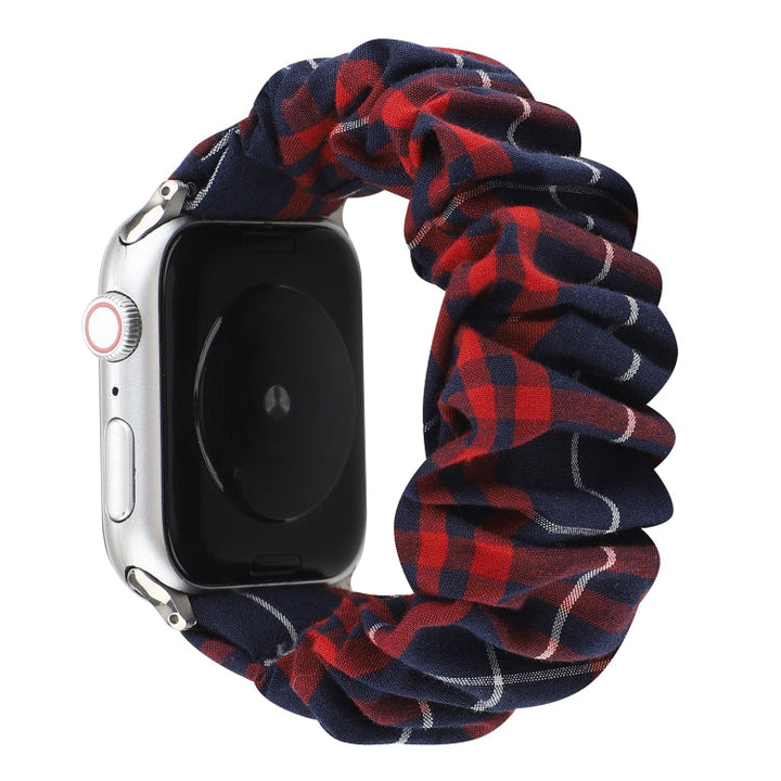 Lisslune | For Apple Watch Series 9&8&7 41mm / SE 3&SE 2&6&SE&5&4 40mm / 3&2&1 38mm Fabric + Stainless Steel Hair Ring Watch Band (Red Blue Checkered)