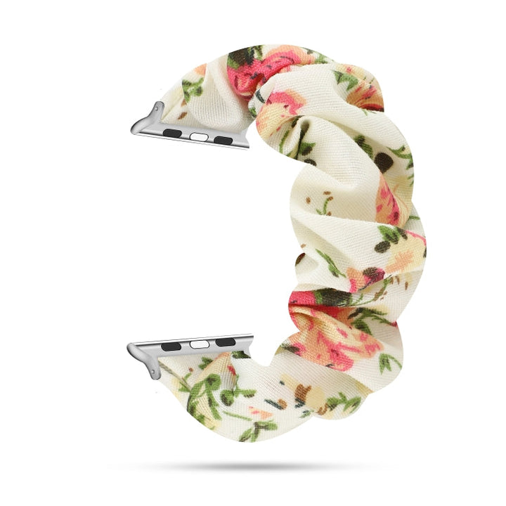 Lisslune | For Apple Watch Series 9&8&7 41mm / SE 3&SE 2&6&SE&5&4 40mm / 3&2&1 38mm Fabric + Stainless Steel Hair Ring Watch Band (Flowers)
