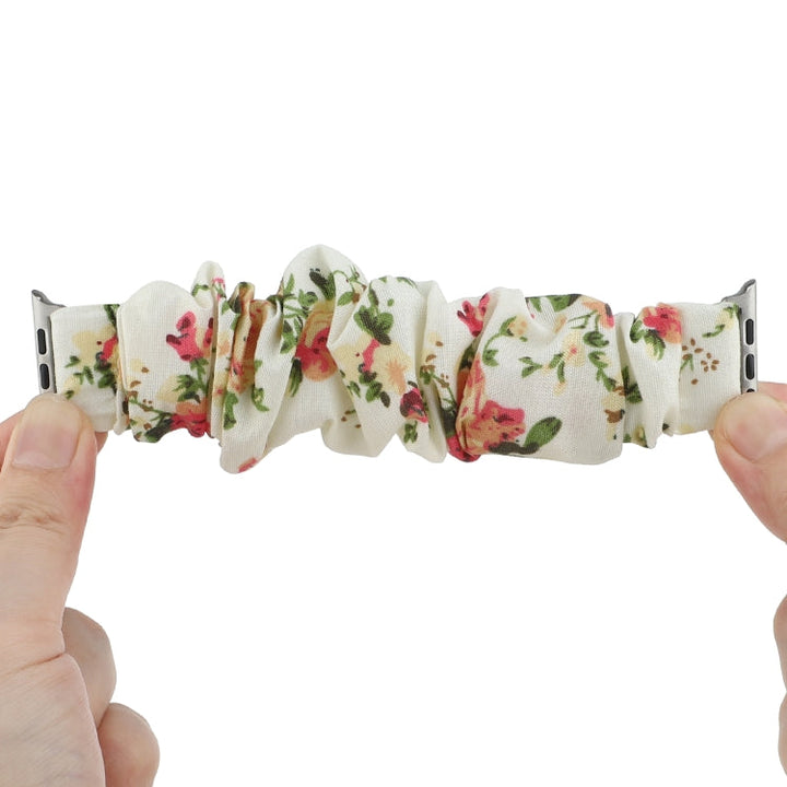 Lisslune | For Apple Watch Series 9&8&7 41mm / SE 3&SE 2&6&SE&5&4 40mm / 3&2&1 38mm Fabric + Stainless Steel Hair Ring Watch Band (Flowers)