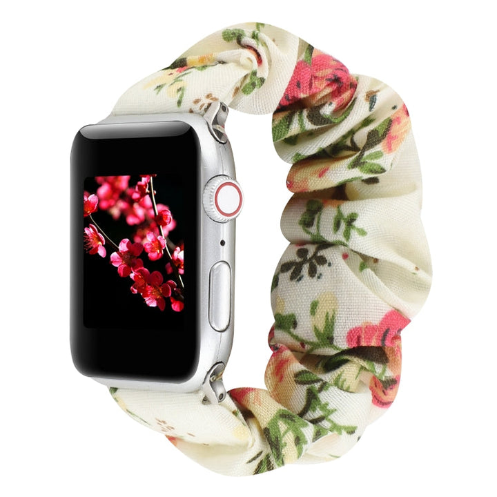 Lisslune | For Apple Watch Series 9&8&7 41mm / SE 3&SE 2&6&SE&5&4 40mm / 3&2&1 38mm Fabric + Stainless Steel Hair Ring Watch Band (Flowers)
