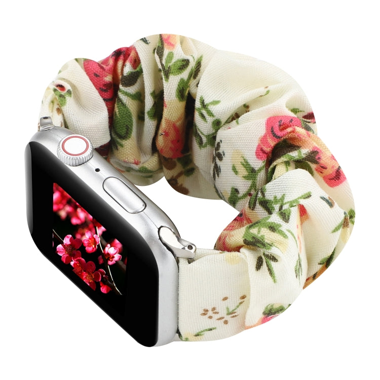 Lisslune | For Apple Watch Series 9&8&7 41mm / SE 3&SE 2&6&SE&5&4 40mm / 3&2&1 38mm Fabric + Stainless Steel Hair Ring Watch Band (Flowers)