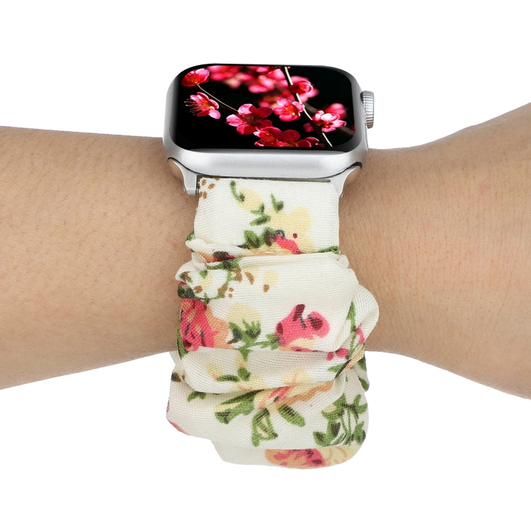 Lisslune | For Apple Watch Series 9&8&7 41mm / SE 3&SE 2&6&SE&5&4 40mm / 3&2&1 38mm Fabric + Stainless Steel Hair Ring Watch Band (Flowers)
