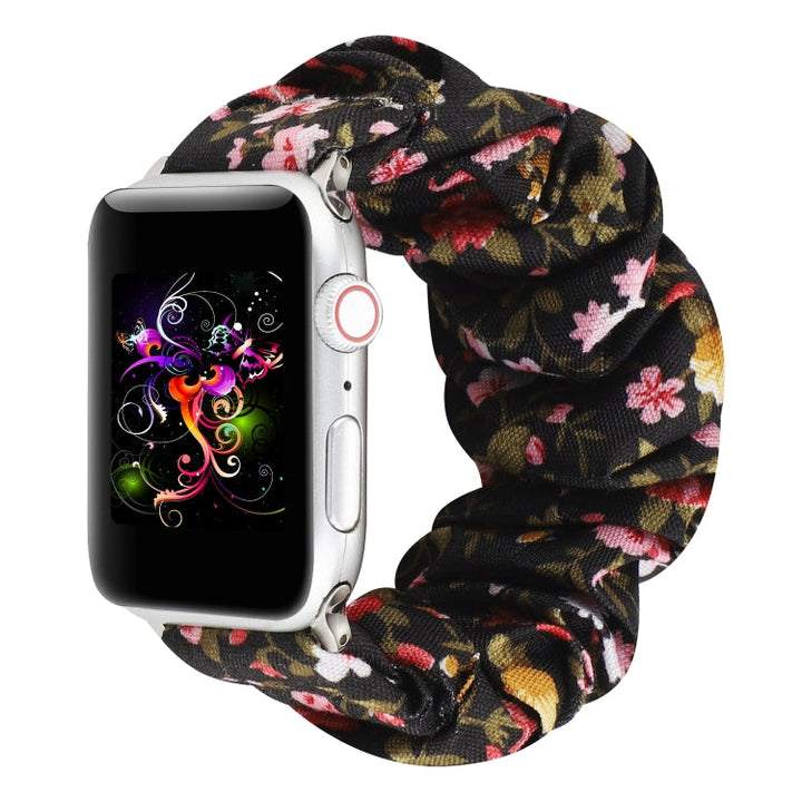 Lisslune | For Apple Watch Series 9&8&7 41mm / SE 3&SE 2&6&SE&5&4 40mm / 3&2&1 38mm Fabric + Stainless Steel Hair Ring Watch Band (Small Floral)