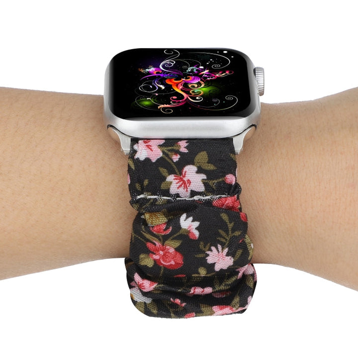 Lisslune | For Apple Watch Series 9&8&7 41mm / SE 3&SE 2&6&SE&5&4 40mm / 3&2&1 38mm Fabric + Stainless Steel Hair Ring Watch Band (Small Floral)