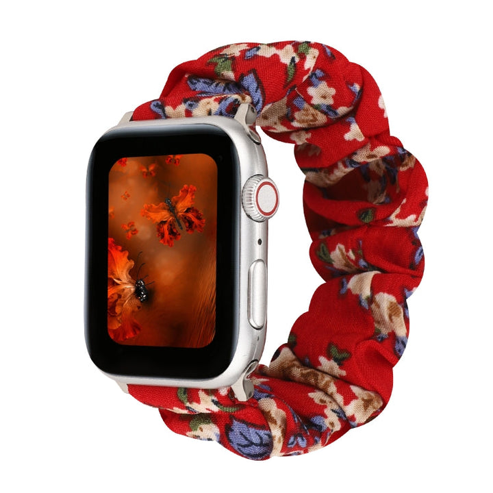 Lisslune | For Apple Watch Series 9&8&7 41mm / SE 3&SE 2&6&SE&5&4 40mm / 3&2&1 38mm Fabric + Stainless Steel Wire Watch Band (Large Red Flower)