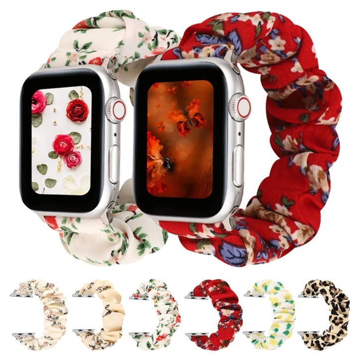 Lisslune | For Apple Watch Series 9&8&7 41mm / SE 3&SE 2&6&SE&5&4 40mm / 3&2&1 38mm Fabric + Stainless Steel Hoop Watch Band (Flowers 2)