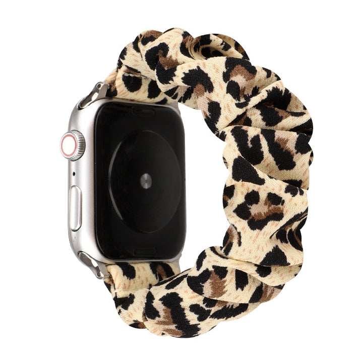 Lisslune | For Apple Watch Ultra 49mm & Watch Ultra 2 49mm / Series 9 & 8 & 7 45mm / SE 3 & SE 2 & 6 & SE & 5 & 4 44mm / 3 & 2 & 1 42mm Fabric + Stainless Steel Hair Ring Watch Band (Leopard Pattern)