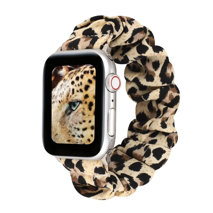 Lisslune | For Apple Watch Ultra 49mm & Watch Ultra 2 49mm / Series 9 & 8 & 7 45mm / SE 3 & SE 2 & 6 & SE & 5 & 4 44mm / 3 & 2 & 1 42mm Fabric + Stainless Steel Hair Ring Watch Band (Leopard Pattern)