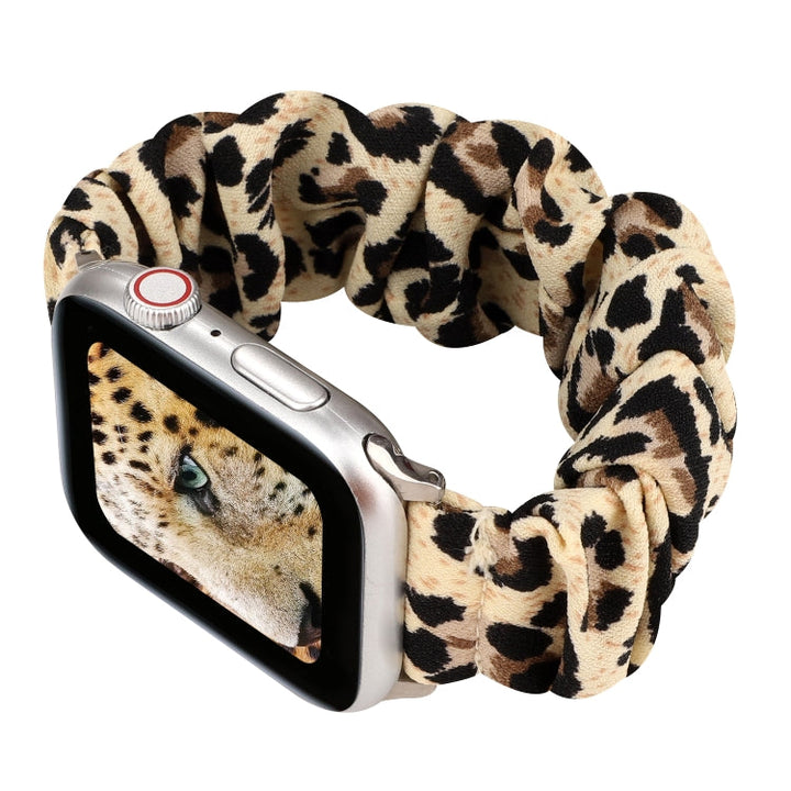 Lisslune | For Apple Watch Ultra 49mm & Watch Ultra 2 49mm / Series 9 & 8 & 7 45mm / SE 3 & SE 2 & 6 & SE & 5 & 4 44mm / 3 & 2 & 1 42mm Fabric + Stainless Steel Hair Ring Watch Band (Leopard Pattern)