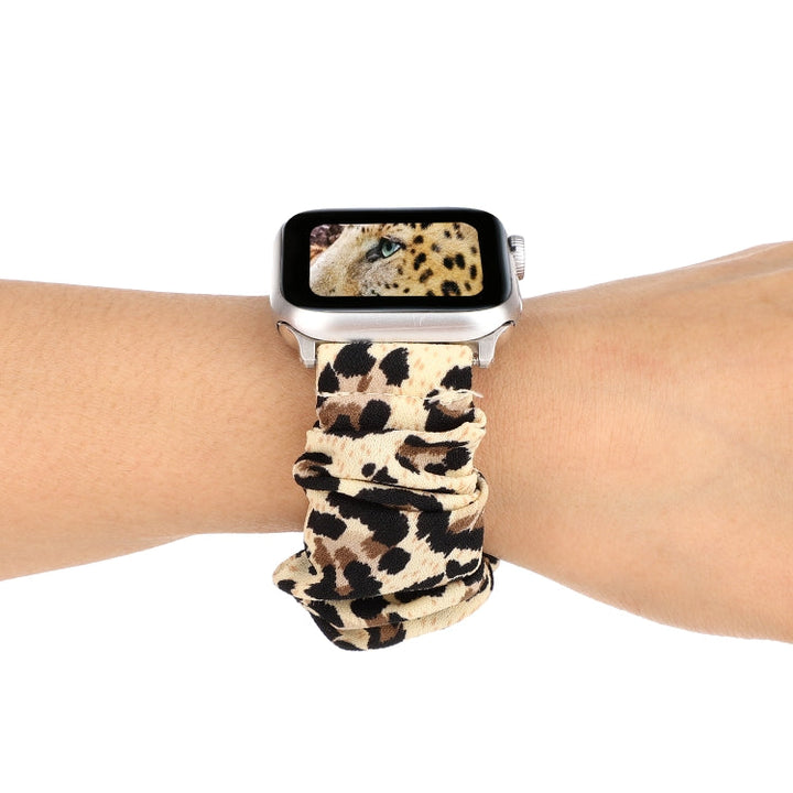 Lisslune | For Apple Watch Ultra 49mm & Watch Ultra 2 49mm / Series 9 & 8 & 7 45mm / SE 3 & SE 2 & 6 & SE & 5 & 4 44mm / 3 & 2 & 1 42mm Fabric + Stainless Steel Hair Ring Watch Band (Leopard Pattern)