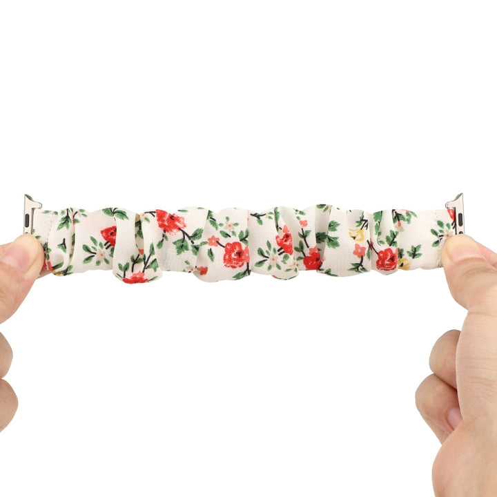 Lisslune | For Apple Watch Ultra 49mm & Watch Ultra 2 49mm / Series 9 & 8 & 7 45mm / SE 3 & SE 2 & 6 & SE & 5 & 4 44mm / 3 & 2 & 1 42mm Fabric + Stainless Steel Hoop Watch Band (Red Flowers)