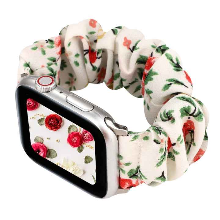 Lisslune | For Apple Watch Ultra 49mm & Watch Ultra 2 49mm / Series 9 & 8 & 7 45mm / SE 3 & SE 2 & 6 & SE & 5 & 4 44mm / 3 & 2 & 1 42mm Fabric + Stainless Steel Hoop Watch Band (Red Flowers)