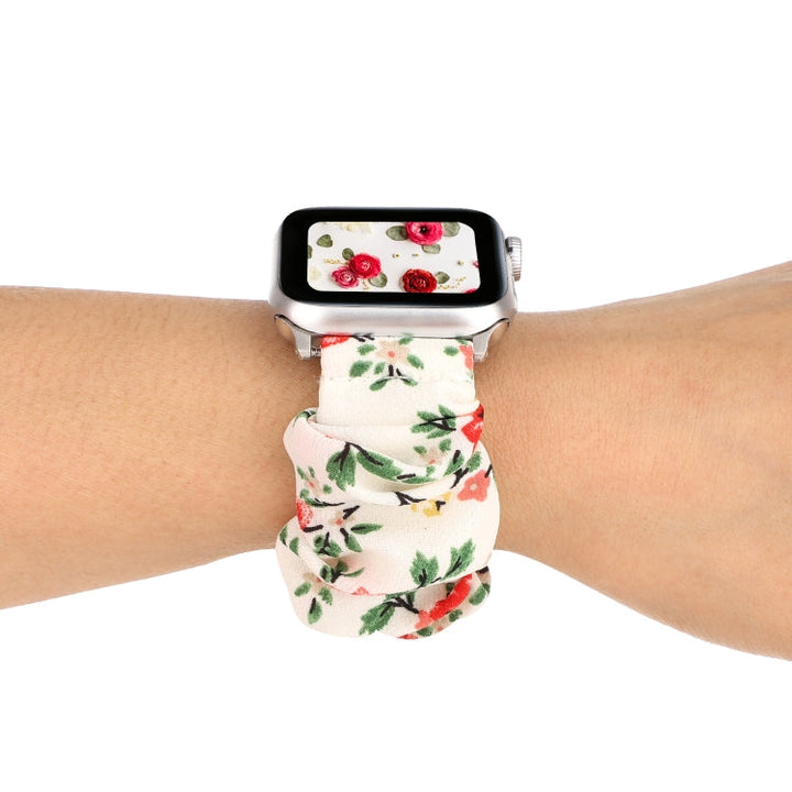 Lisslune | For Apple Watch Ultra 49mm & Watch Ultra 2 49mm / Series 9 & 8 & 7 45mm / SE 3 & SE 2 & 6 & SE & 5 & 4 44mm / 3 & 2 & 1 42mm Fabric + Stainless Steel Hoop Watch Band (Red Flowers)