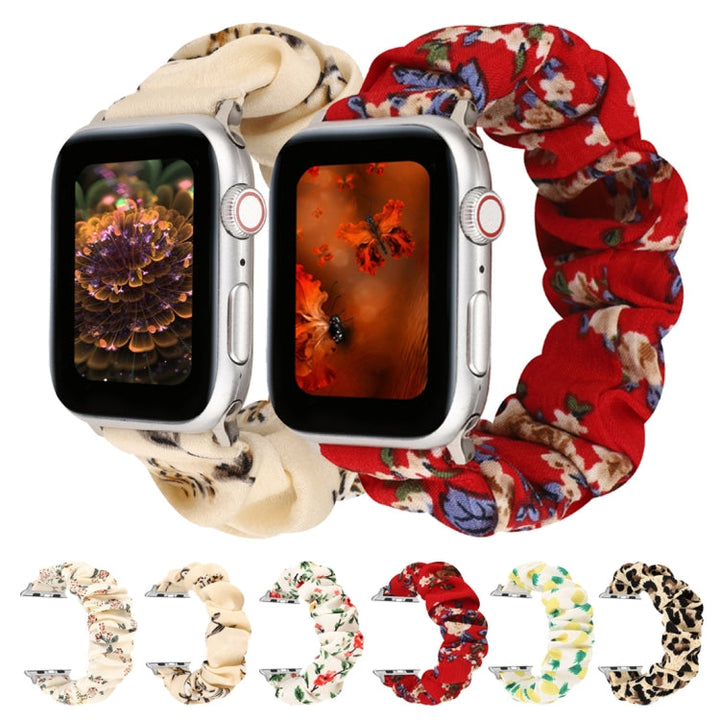 Lisslune | For Apple Watch Ultra 49mm & Watch Ultra 2 49mm / Series 9 & 8 & 7 45mm / SE 3 & SE 2 & 6 & SE & 5 & 4 44mm / 3 & 2 & 1 42mm Fabric + Stainless Steel Hair Ring Watch Band (Leopard Pattern)
