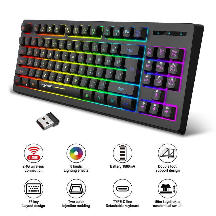 Lisslune | HXSJ L100 87 Keys RGB Backlit Film 2.4G Wireless Keyboard (Black)
