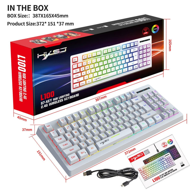 Lisslune | HXSJ L100 87 Keys RGB Backlit Film 2.4G Wireless Keyboard (White)