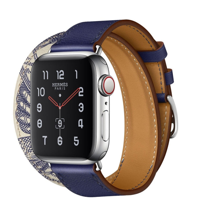 Lisslune | For Apple Watch Ultra 49mm & Watch Ultra 2 49mm / Series 9 & 8 & 7 45mm / SE 3 & SE 2 & 6 & SE & 5 & 4 44mm / 3 & 2 & 1 42mm Screen printed pattern leather watch band (Blue)