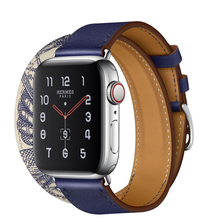 Lisslune | For Apple Watch Ultra 49mm & Watch Ultra 2 49mm / Series 9 & 8 & 7 45mm / SE 3 & SE 2 & 6 & SE & 5 & 4 44mm / 3 & 2 & 1 42mm Screen printed pattern leather watch band (Blue)