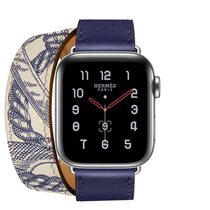 Lisslune | For Apple Watch Ultra 49mm & Watch Ultra 2 49mm / Series 9 & 8 & 7 45mm / SE 3 & SE 2 & 6 & SE & 5 & 4 44mm / 3 & 2 & 1 42mm Screen printed pattern leather watch band (Blue)