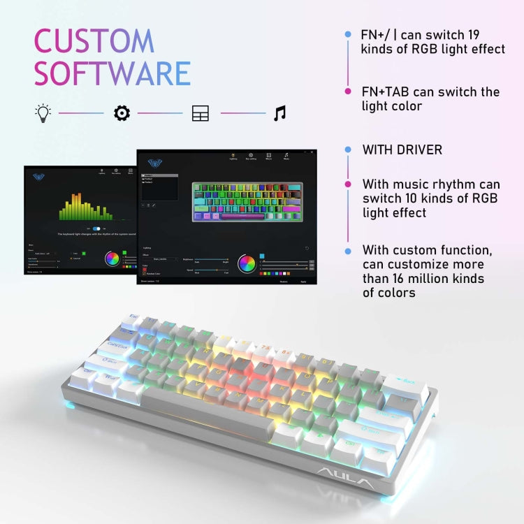 Lisslune | AULA F3261 Type-C Wired Hot Swappable 61 Keys RGB Mechanical Keyboard (Gray Black Green Switch)