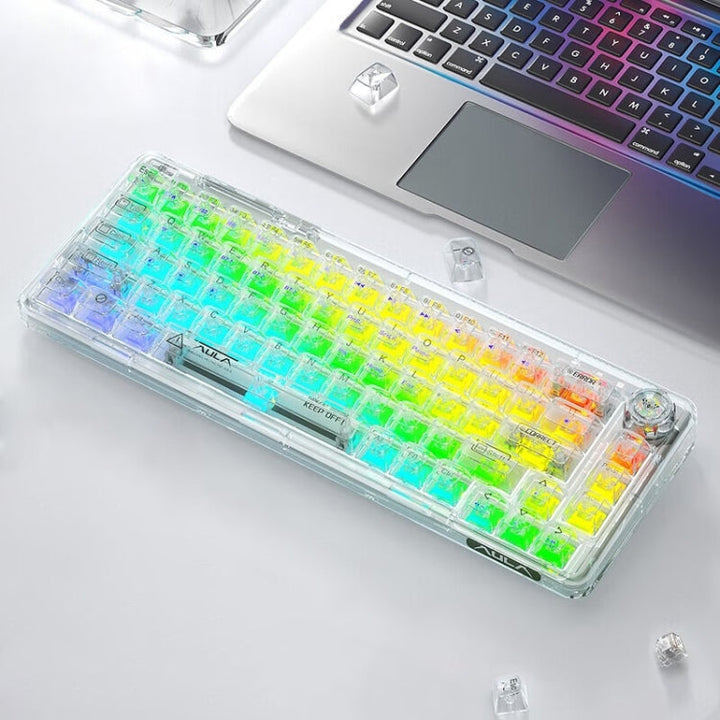 Lisslune | AULA F68 Transparent Custom Wired/Wireless/Bluetooth Three Model RGB Plugable Mechanical Keyboard (White Transparent)