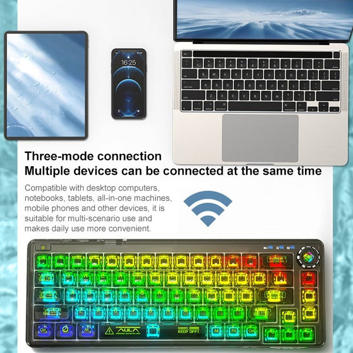 Lisslune | AULA F68 Transparent Customized Wired/Wireless/Bluetooth Three Model RGB Plug-and-Play Mechanical Keyboard (Black Transparent)