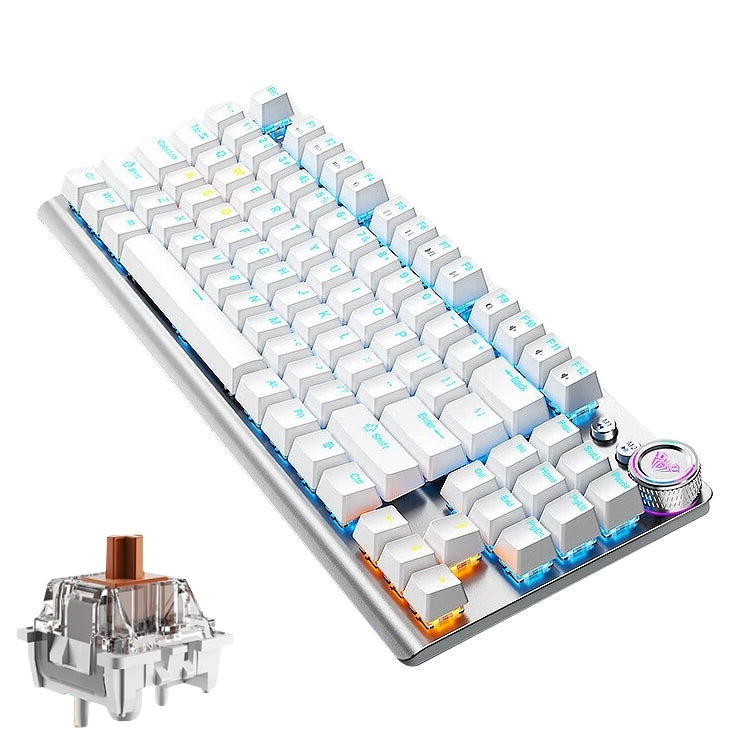 Lisslune | AULA F3001 Backlit 87 Keys Wired/Wireless/Bluetooth Three Model Mechanical Gaming Keyboard (Silver White Tea Shaft)