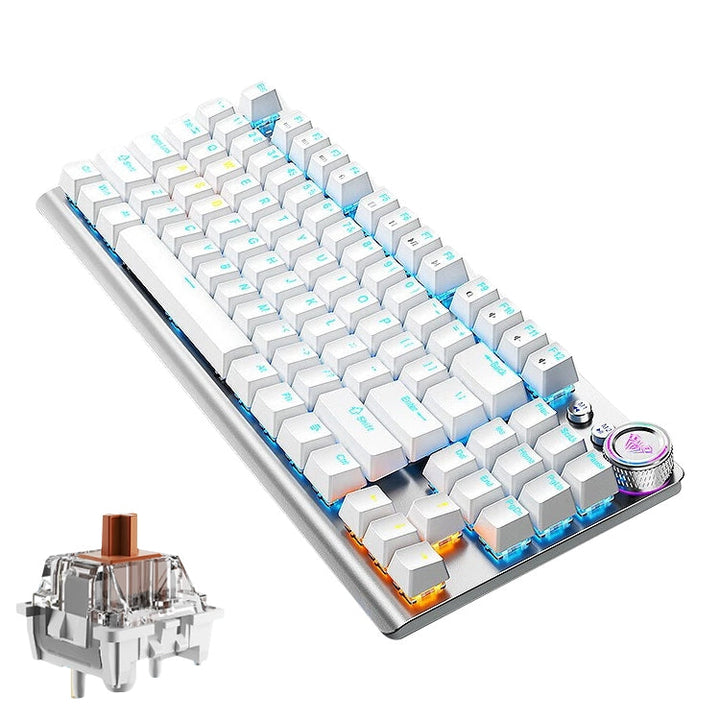 Lisslune | AULA F3001 Backlit 87 Keys Wired/Wireless/Bluetooth Three Model Mechanical Gaming Keyboard (Silver White Tea Shaft)