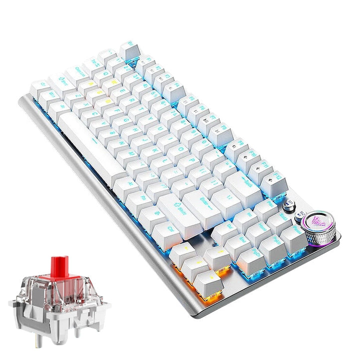 Lisslune | AULA F3001 Backlit 87 Keys Wired/Wireless/Bluetooth Three Models Mechanical Gaming Keyboard (Silver White Red Switch)