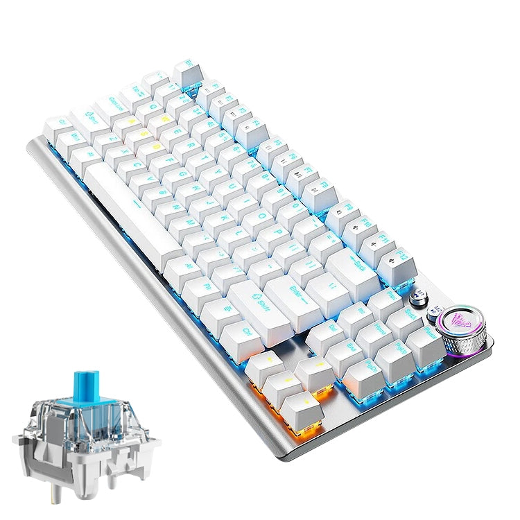 Lisslune | AULA F3001 Backlit 87 Keys Wired/Wireless/Bluetooth Three Model Mechanical Gaming Keyboard (Silver White Green Shaft)