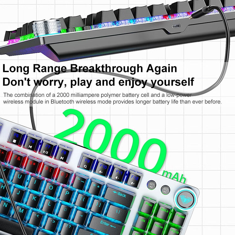Lisslune | AULA F3001 Backlit 87 Keys Wired/Wireless/Bluetooth Three Model Mechanical Gaming Keyboard (Silver White Tea Shaft)