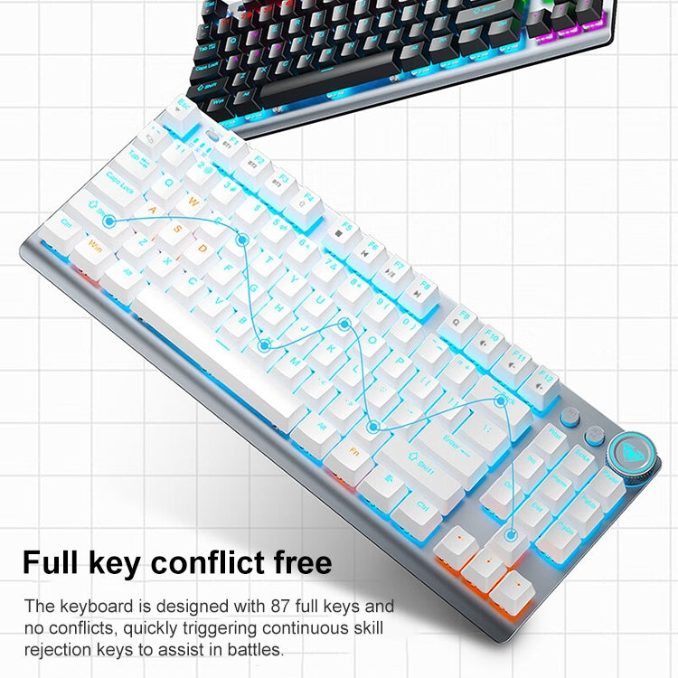 Lisslune | AULA F3001 Backlit 87 Keys Wired/Wireless/Bluetooth Three Model Mechanical Gaming Keyboard (Silver White Tea Shaft)