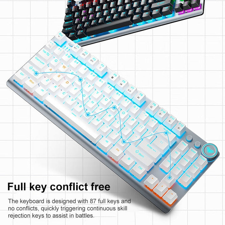 Lisslune | AULA F3001 Backlit 87 Keys Wired/Wireless/Bluetooth Three Model Mechanical Gaming Keyboard (Silver White Tea Shaft)