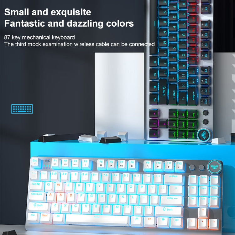 Lisslune | AULA F3001 Backlit 87 Keys Wired/Wireless/Bluetooth Three Model Mechanical Gaming Keyboard (Silver White Tea Shaft)