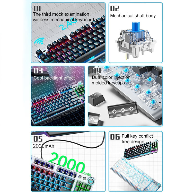 Lisslune | AULA F3001 Backlit 87 Keys Wired/Wireless/Bluetooth Three Model Mechanical Gaming Keyboard (Silver White Tea Shaft)