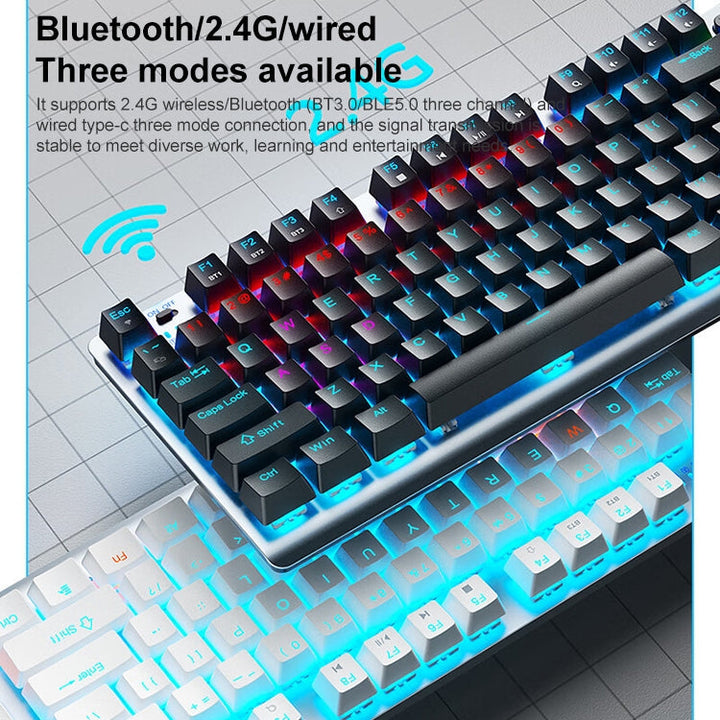 Lisslune | AULA F3001 Backlit 87 Keys Wired/Wireless/Bluetooth Three Model Mechanical Gaming Keyboard (Silver White Tea Shaft)