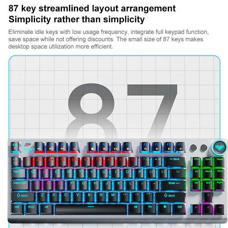 Lisslune | AULA F3001 Backlit 87 Keys Wired/Wireless/Bluetooth Three Model Mechanical Gaming Keyboard (Silver White Green Shaft)