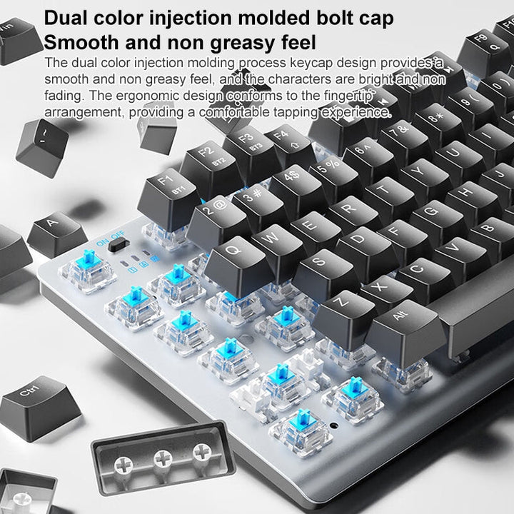 Lisslune | AULA F3001 Backlit 87 Keys Wired/Wireless/Bluetooth Three Model Mechanical Gaming Keyboard (Silver White Tea Shaft)