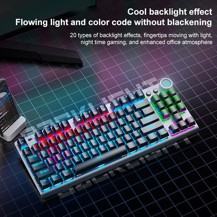 Lisslune | AULA F3001 Backlit 87 Keys Wired/Wireless/Bluetooth Three Model Mechanical Gaming Keyboard (Silver White Tea Shaft)